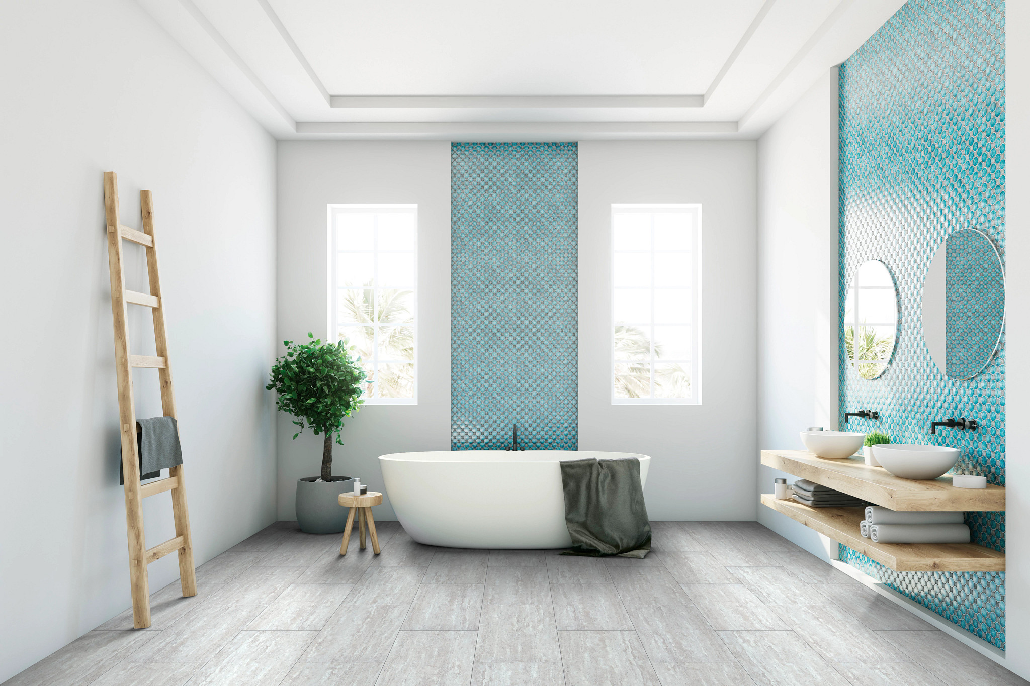 bathroom freestanding bathtub floating shelves double sinks